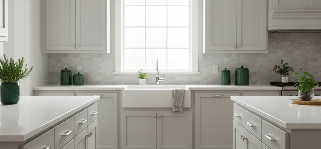 White custom cabinet doors in a bright kitchen